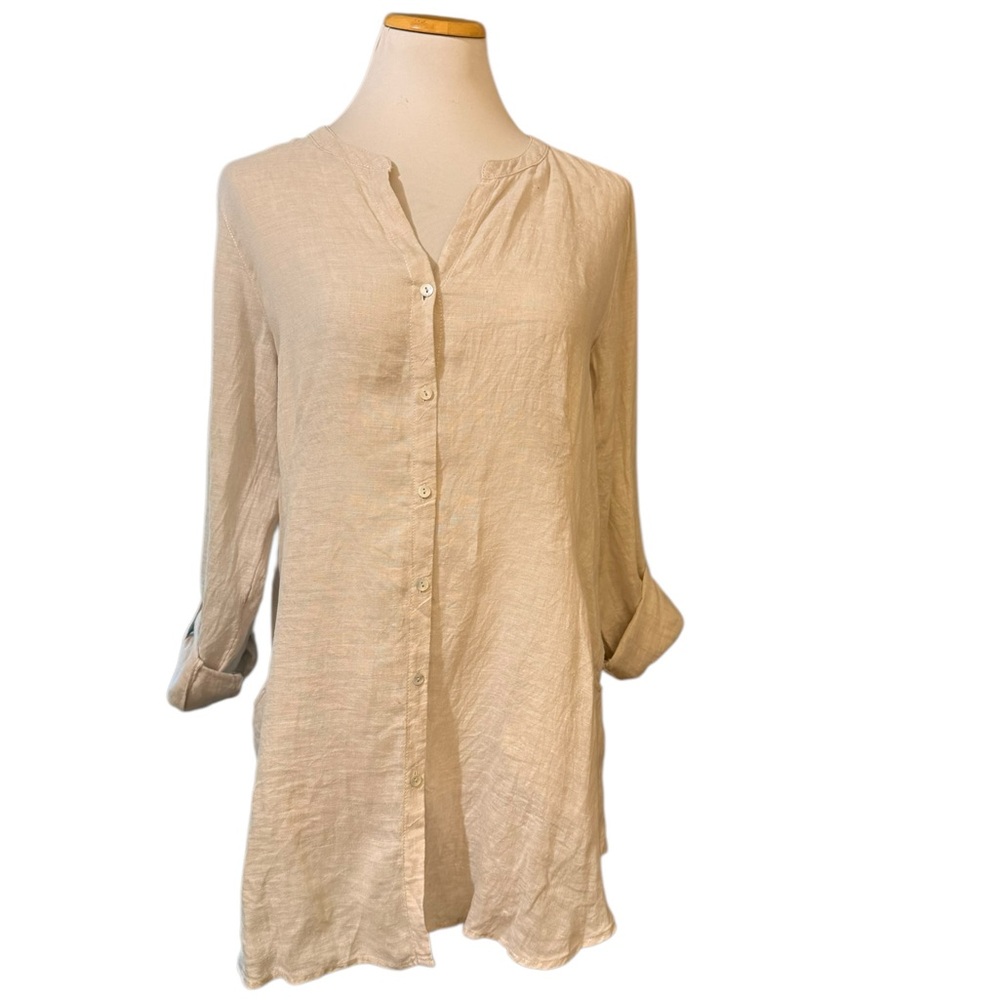 Sigrid Olsen Tan Linen Button-Up Tunic Top